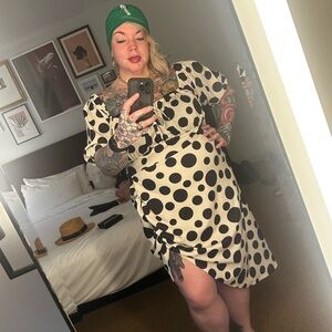 ASOS Curve cream and black polka dot off-shoulder dress, size 20